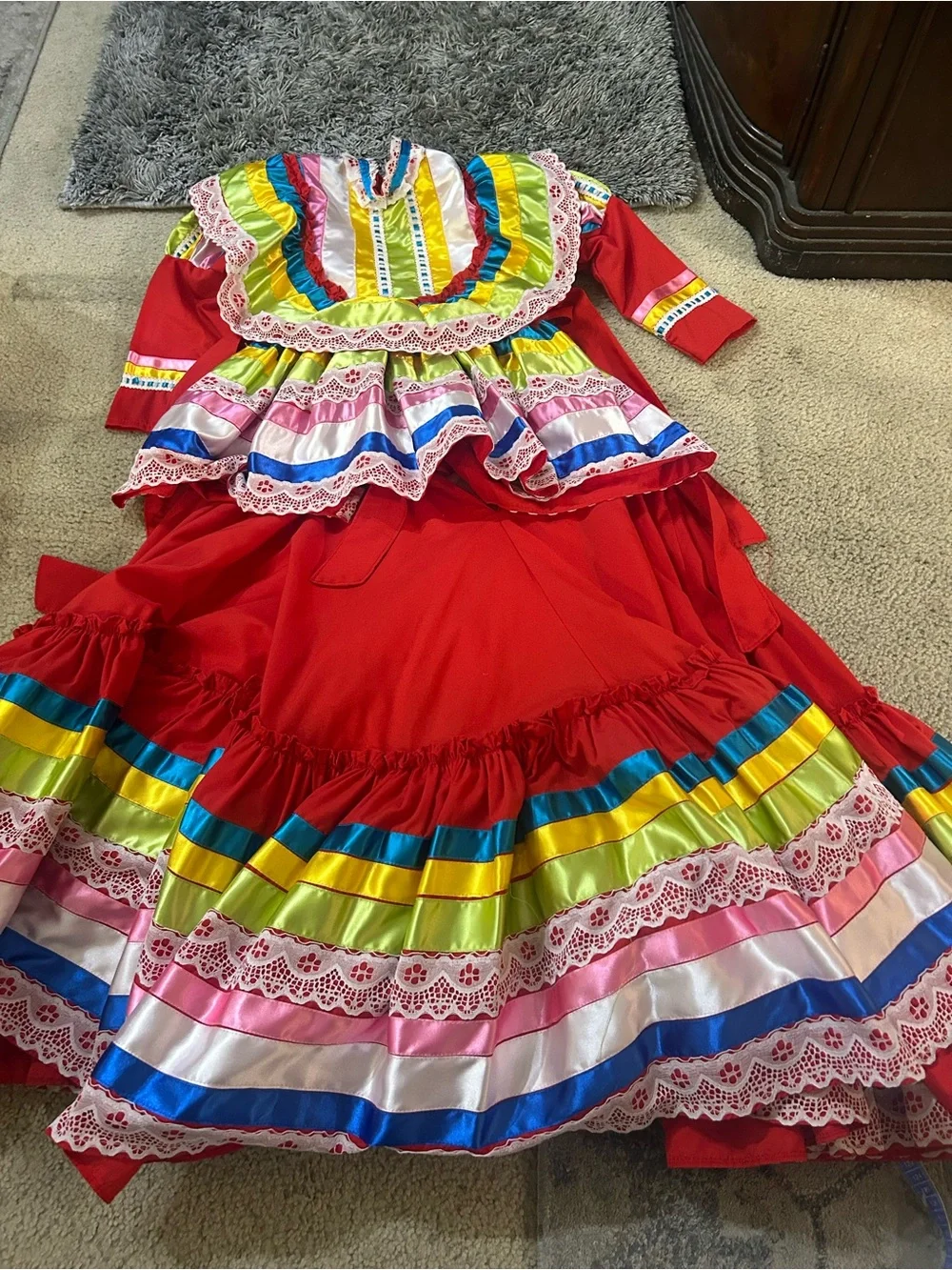Girls' Red Traditional Jalisco Dress with Multicolor Trim